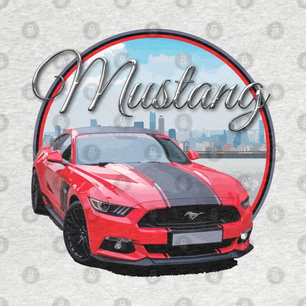 Red Mustang on city scape by CamcoGraphics